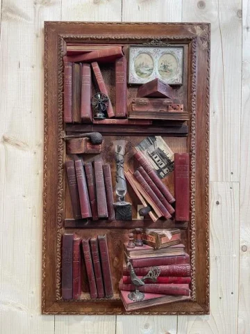 Tableau de cabinet de curiosités en Trompe l'œil - Faux livres