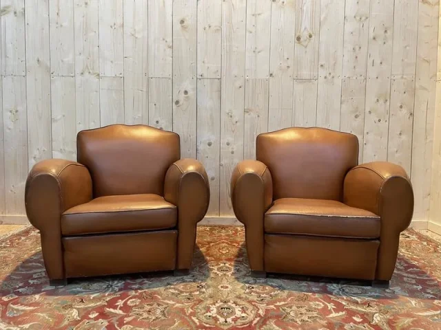 Pair of Art Deco leather club armchairs