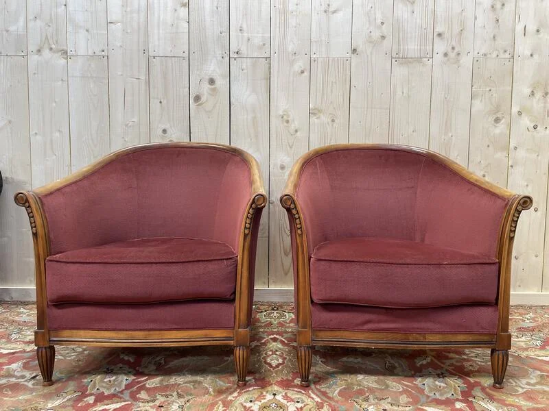Pair of Art Deco style barrel armchairs