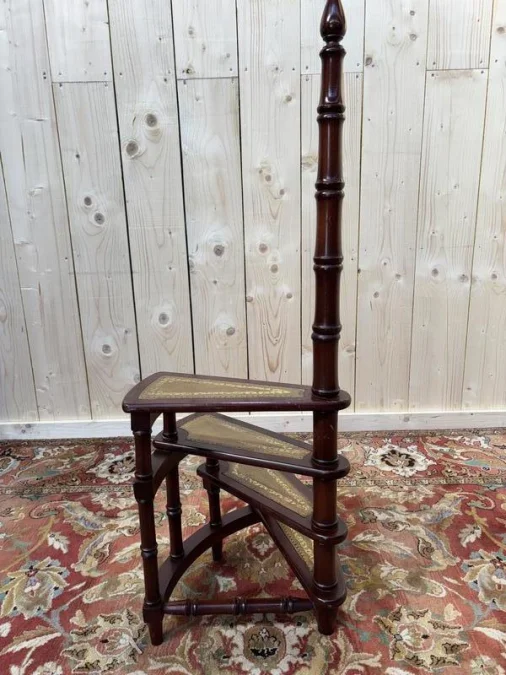 Library staircase with linden green leather