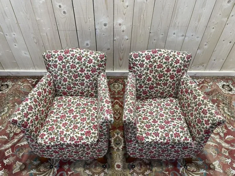 Paire de fauteuils bergères Art Déco / Vintage à fleurs