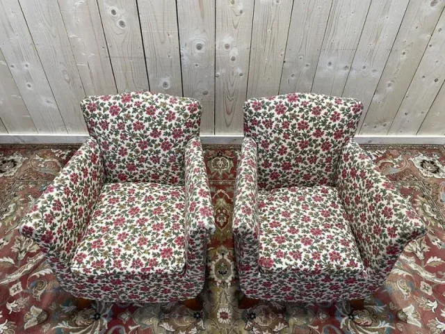 Paire de fauteuils bergères Art Déco / Vintage à fleurs