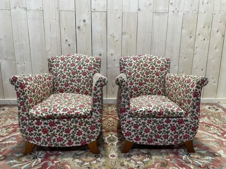 Paire de fauteuils bergères Art Déco / Vintage à fleurs