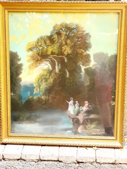 Pastel paysage animé XIX. école romantique..