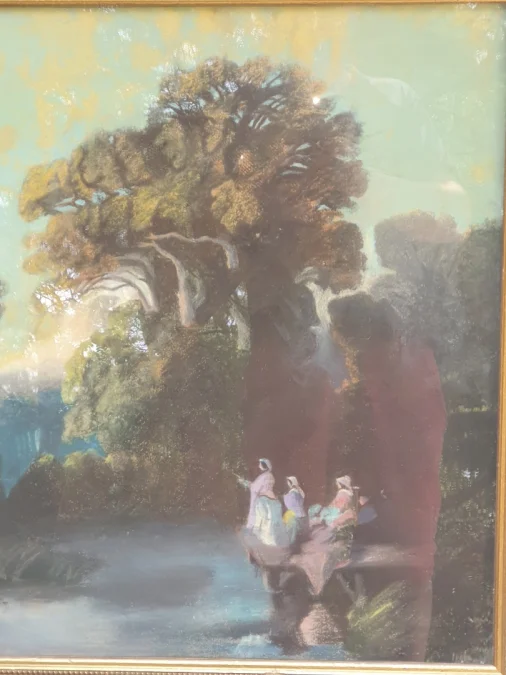 Pastel paysage animé XIX. école romantique..