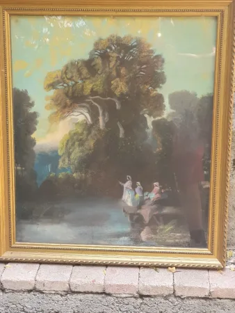 Pastel paysage animé XIX. école romantique..
