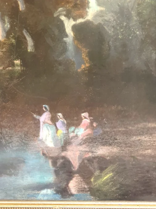 Pastel paysage animé XIX. école romantique..
