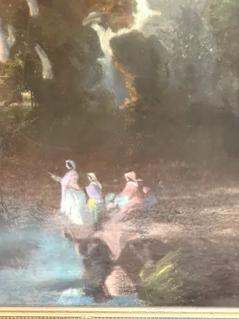 Pastel paysage animé XIX. école romantique..