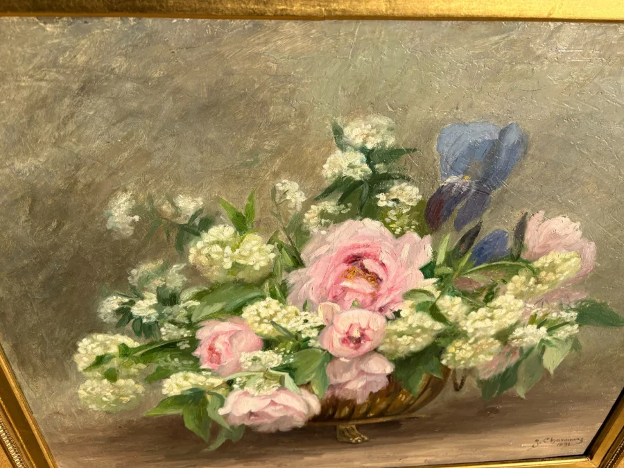 Gerahmtes Blumenstillleben, Öl auf Leinwand, signiert J. CHAVANNAZ