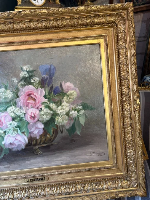Gerahmtes Blumenstillleben, Öl auf Leinwand, signiert J. CHAVANNAZ
