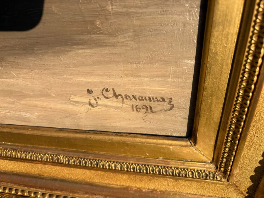 Gerahmtes Blumenstillleben, Öl auf Leinwand, signiert J. CHAVANNAZ