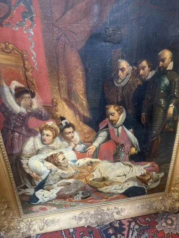 SCHILDERIJ voorstellende de dood van Elisabeth Koningin van Engeland in 1603, naar DELAROCHE — Redelijke staat