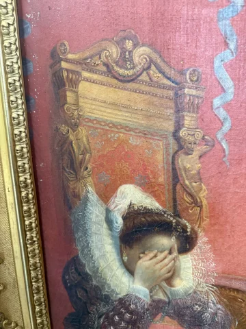 SCHILDERIJ voorstellende de dood van Elisabeth Koningin van Engeland in 1603, naar DELAROCHE — Redelijke staat