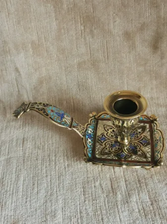 Bougeoir à main cloisonné sur bronze  XIX
