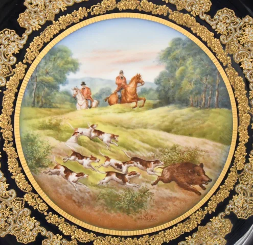 Paar Limoges porseleinen schalen met decor van jachttaferelen, geschilderd door Abel Golse (1844–1937) — Zeer goede staat