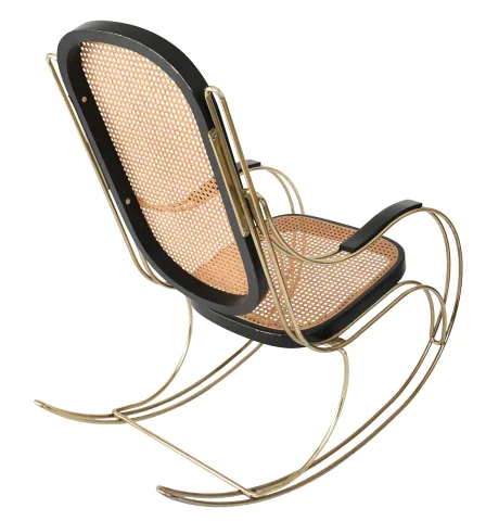 Rocking-chair moderniste en laiton doré et cannage — Très bon état
