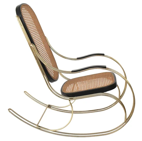 Rocking-chair moderniste en laiton doré et cannage — Très bon état