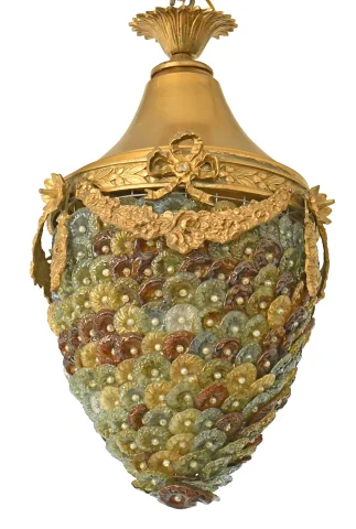 Lámpara de araña italiana en bronce dorado con discos de vidrio de Murano — Muy buen estado
