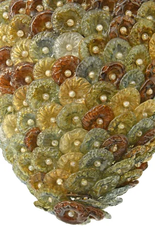 Lámpara de araña italiana en bronce dorado con discos de vidrio de Murano — Muy buen estado