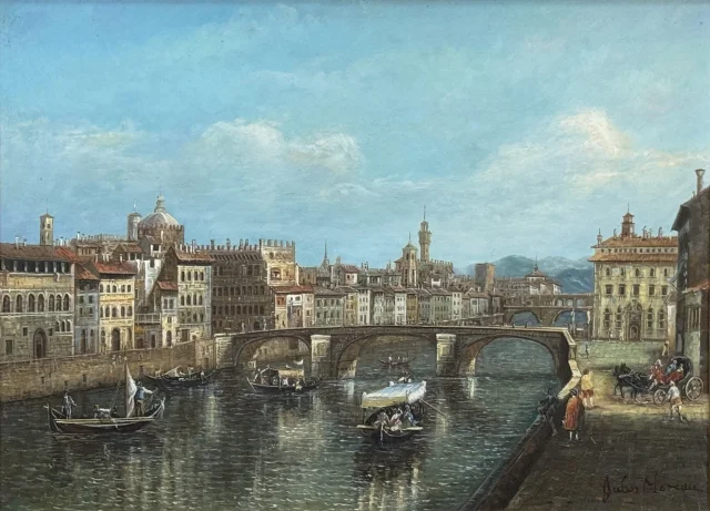 Huile sur panneau "L'Arno à l'pont Santa Trinita" d'après Giuseppe Zocchi — Très bon état