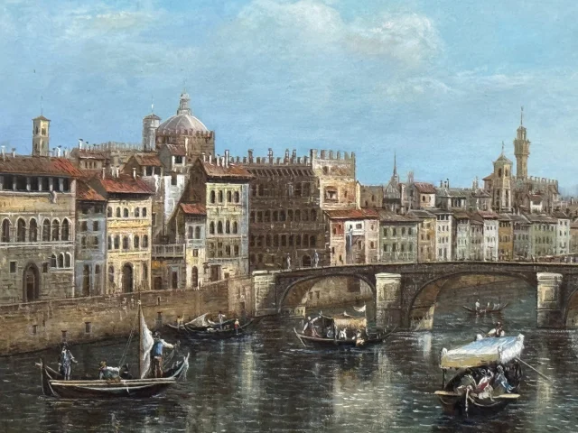 Huile sur panneau "L'Arno à l'pont Santa Trinita" d'après Giuseppe Zocchi — Très bon état