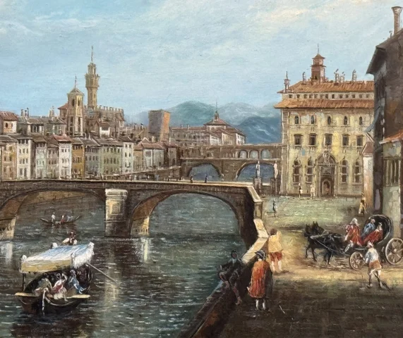 Huile sur panneau "L'Arno à l'pont Santa Trinita" d'après Giuseppe Zocchi — Très bon état