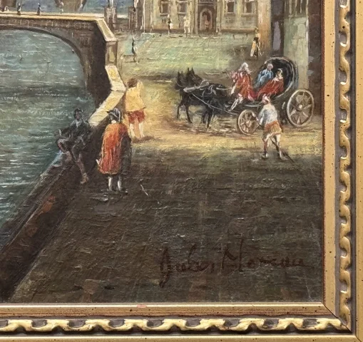 Huile sur panneau "L'Arno à l'pont Santa Trinita" d'après Giuseppe Zocchi — Très bon état