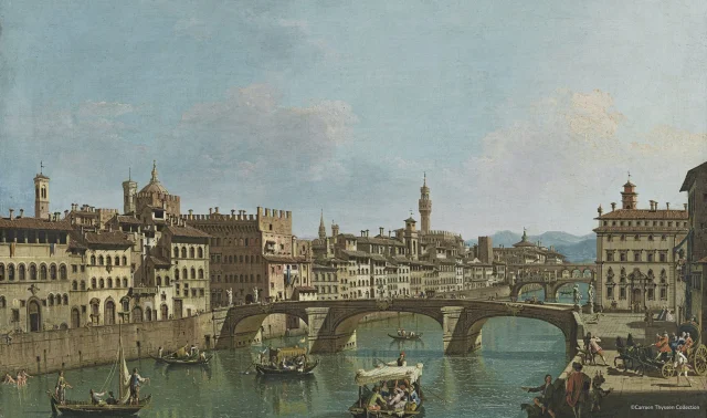 Huile sur panneau "L'Arno à l'pont Santa Trinita" d'après Giuseppe Zocchi — Très bon état