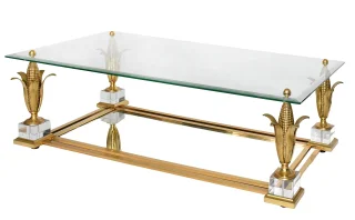 Table basse en laiton doré et verre à décor des épis de maïs