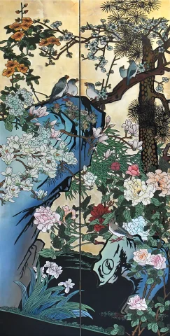 重要な8面金地蒔絵花鳥文漆屏風 — 良好な状態