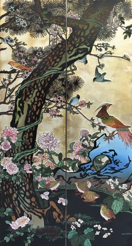 重要な8面金地蒔絵花鳥文漆屏風 — 良好な状態