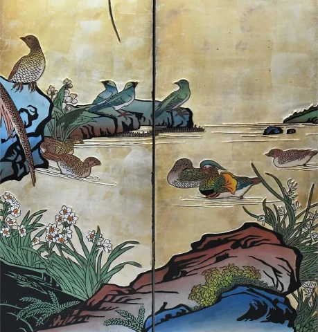重要な8面金地蒔絵花鳥文漆屏風 — 良好な状態