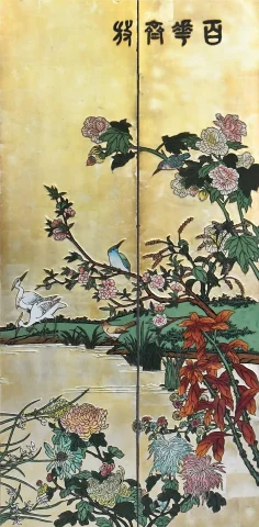 重要な8面金地蒔絵花鳥文漆屏風 — 良好な状態