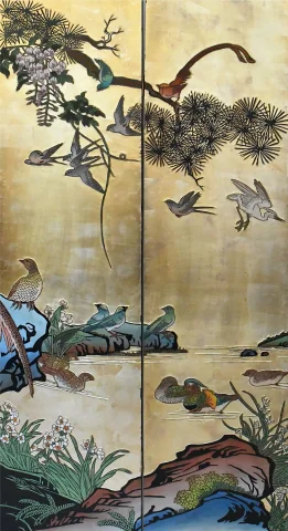 重要な8面金地蒔絵花鳥文漆屏風 — 良好な状態