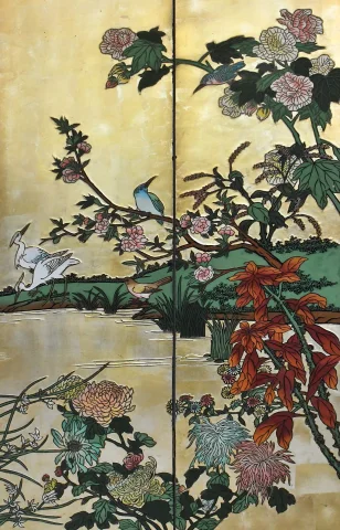 重要な8面金地蒔絵花鳥文漆屏風 — 良好な状態
