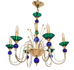 Lampadario a sei bracci in vetro artistico di Murano multicolore, nello stile di Gio Ponti