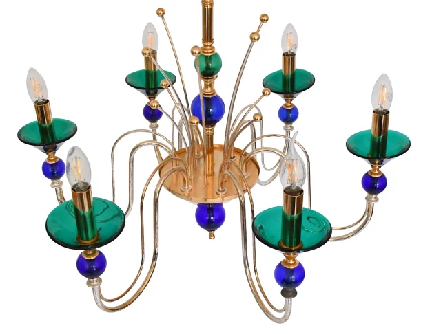 Sechsarmiger Kronleuchter aus mehrfarbigem Murano-Kunstglas, im Stil von Gio Ponti — Befriedigender Zustand