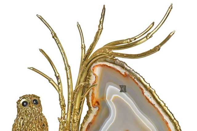 Orologio luminoso in ottone dorato e fetta di agata, attribuito a Richard e Isabelle Faure — Ottimo stato