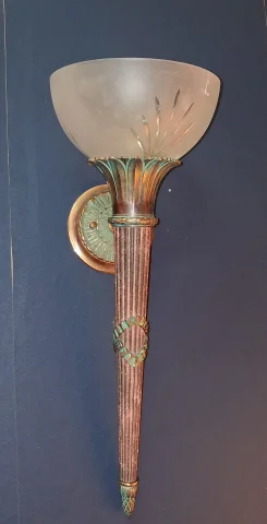 Pair of antique-style patinated bronze and frosted glass wall lights – early 20th century — Very good condition