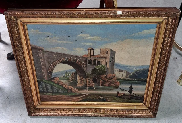 H. Nicolini  – Paysage animé au pont de pierre, XIXe siècle — Bon état
