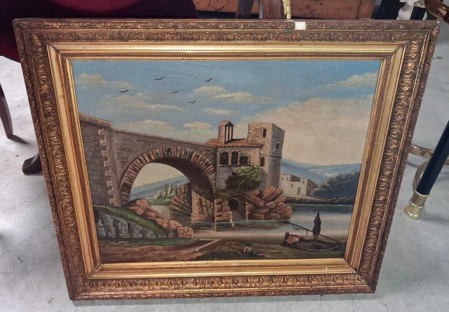 H. Nicolini  – Paysage animé au pont de pierre, XIXe siècle — Bon état