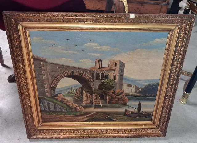 H. Nicolini  – Paysage animé au pont de pierre, XIXe siècle — Bon état