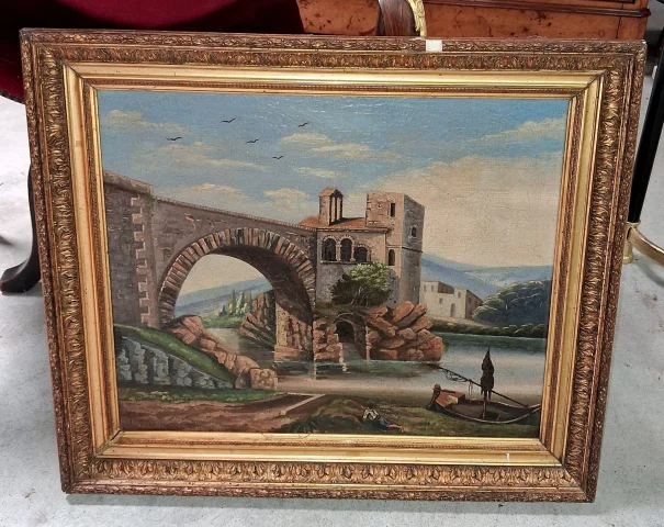 H. Nicolini  – Paysage animé au pont de pierre, XIXe siècle — Bon état