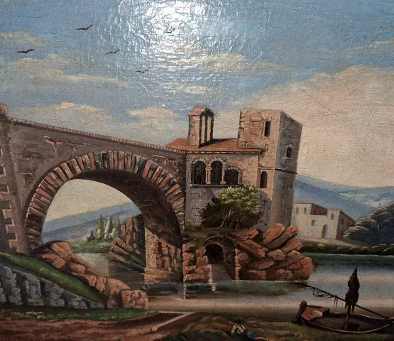 H. Nicolini  – Paysage animé au pont de pierre, XIXe siècle — Bon état