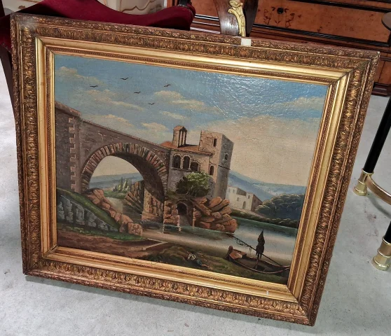 H. Nicolini  – Paysage animé au pont de pierre, XIXe siècle — Bon état