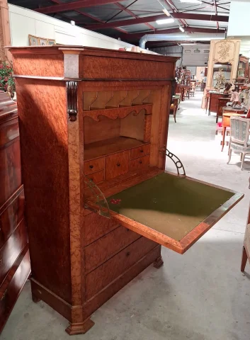 Charles X fall-front secrétaire in elm burl – 19th century — Fair condition