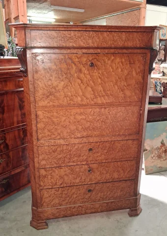 Charles X fall-front secrétaire in elm burl – 19th century — Fair condition