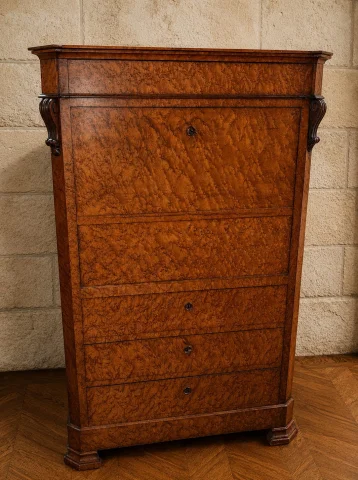 Charles X fall-front secrétaire in elm burl – 19th century — Fair condition