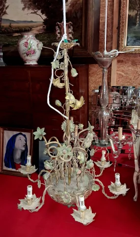 Grand lustre floral Art nouveau en bronze et métal patiné — Bon état