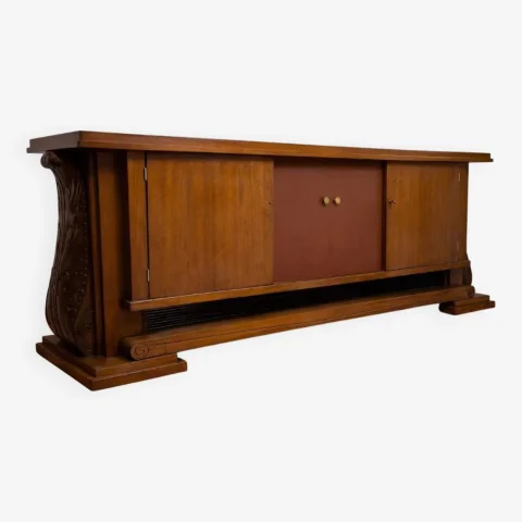 Bedeutendes Art-déco-Enfilade aus Nussbaum und Leder auf elegantem architektonischem Sockel — Sehr guter Zustand